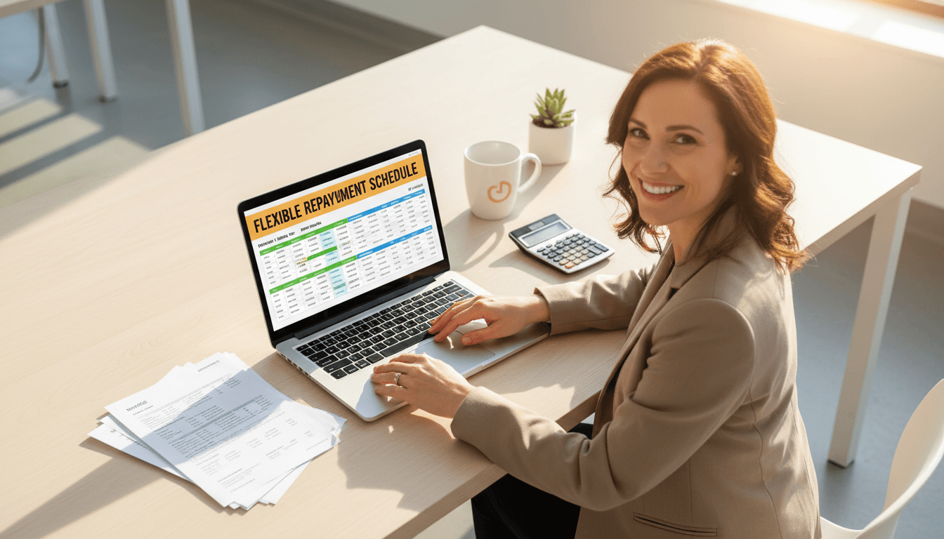 Small business owner reviewing flexible repayment terms on laptop