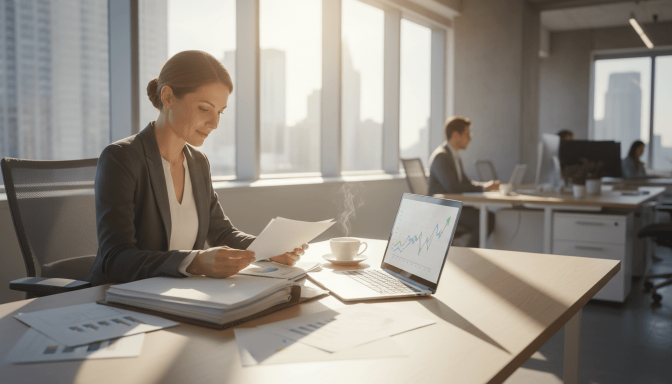Business owner reviewing financial documents at desk in modern office