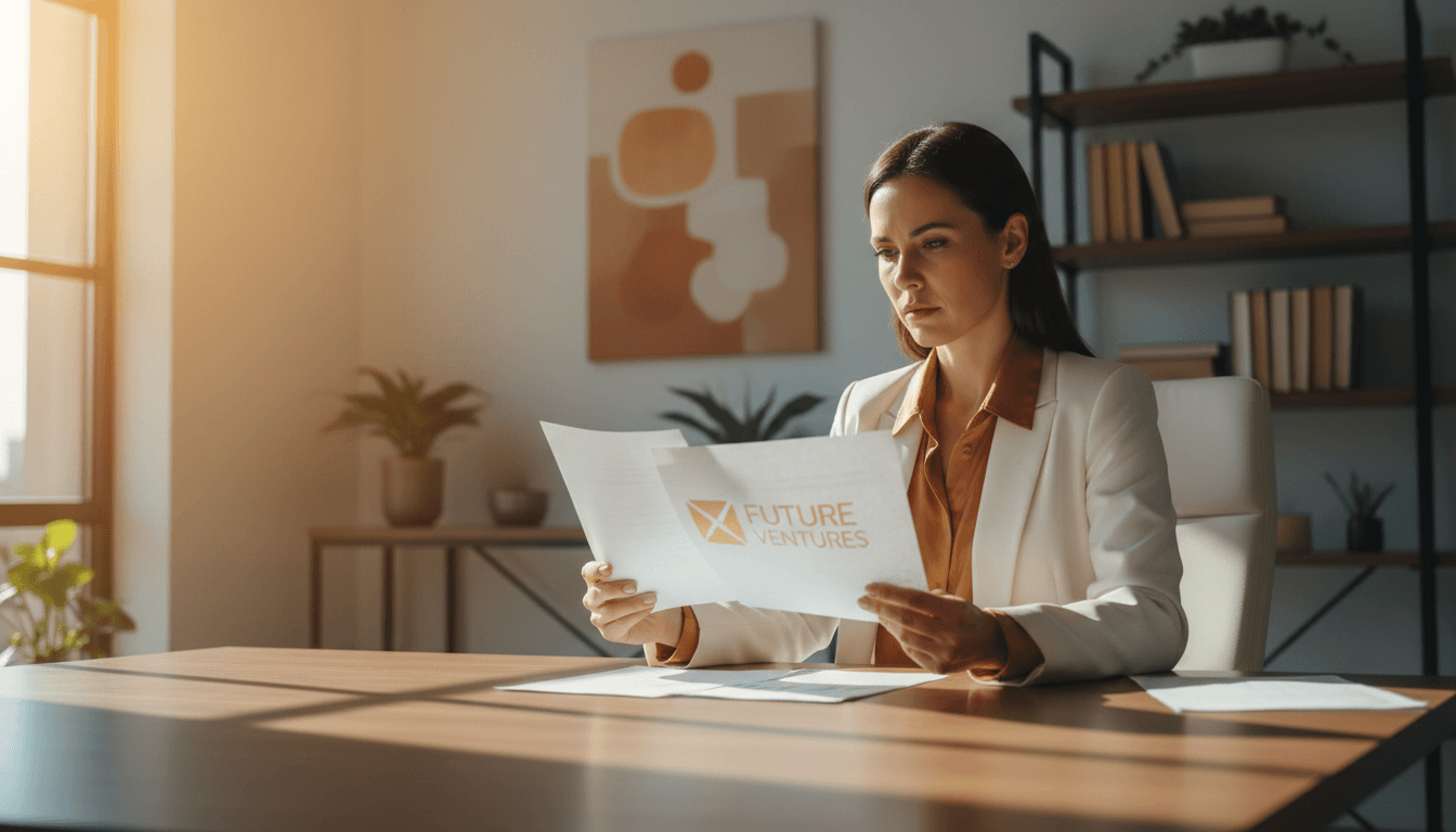 Business owner reviewing funding documents at desk with natural light