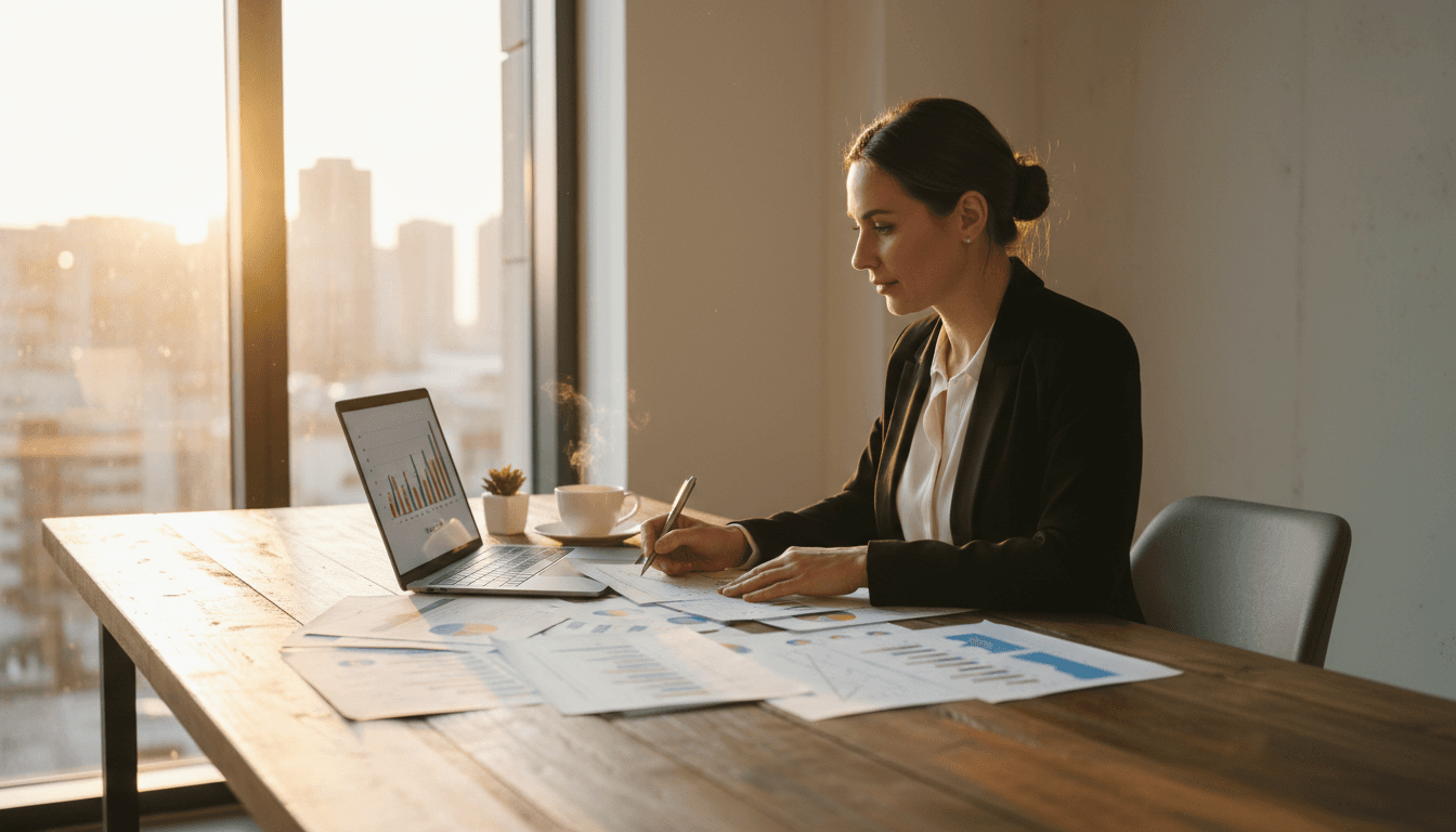 Business owner reviewing financial documents at desk with laptop