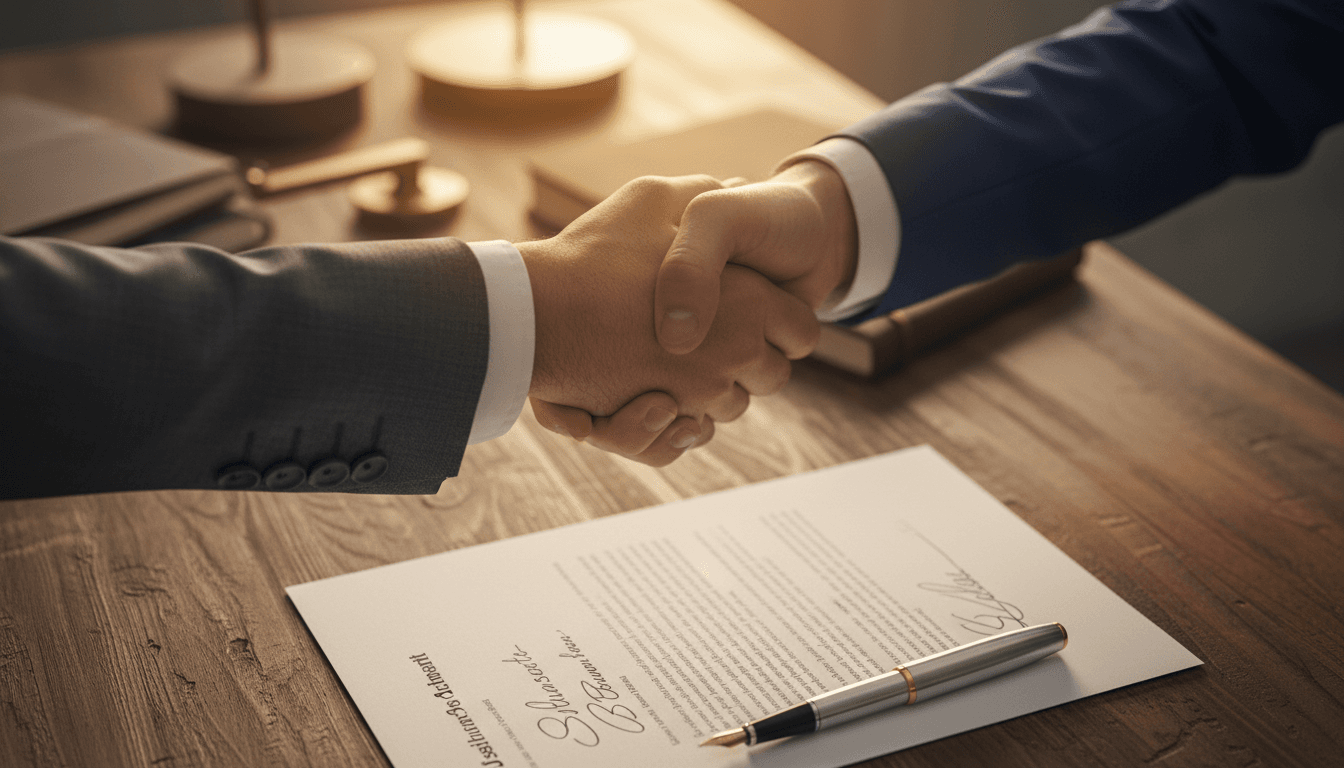 Professional handshake over signed funding agreement